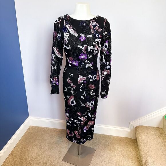 DRESS THE POPULATION Emery Floral Sequin Long Sleeve Midi Dress XS - Picture 2 of 8